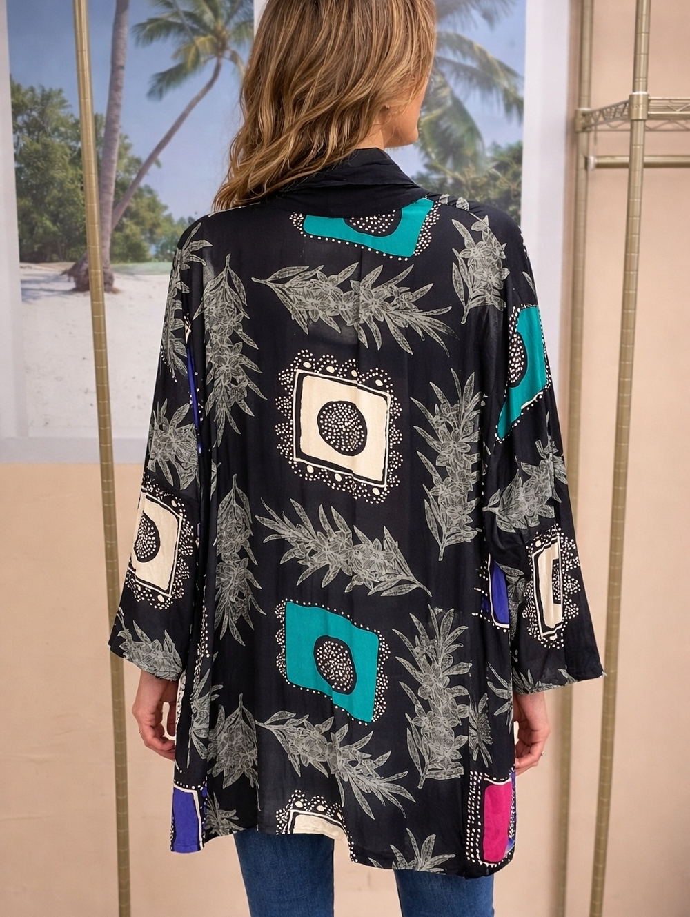 Pappagallo Vintage Black Cardigan with Teal Accent and Cream Florals - Picture 2 of 6